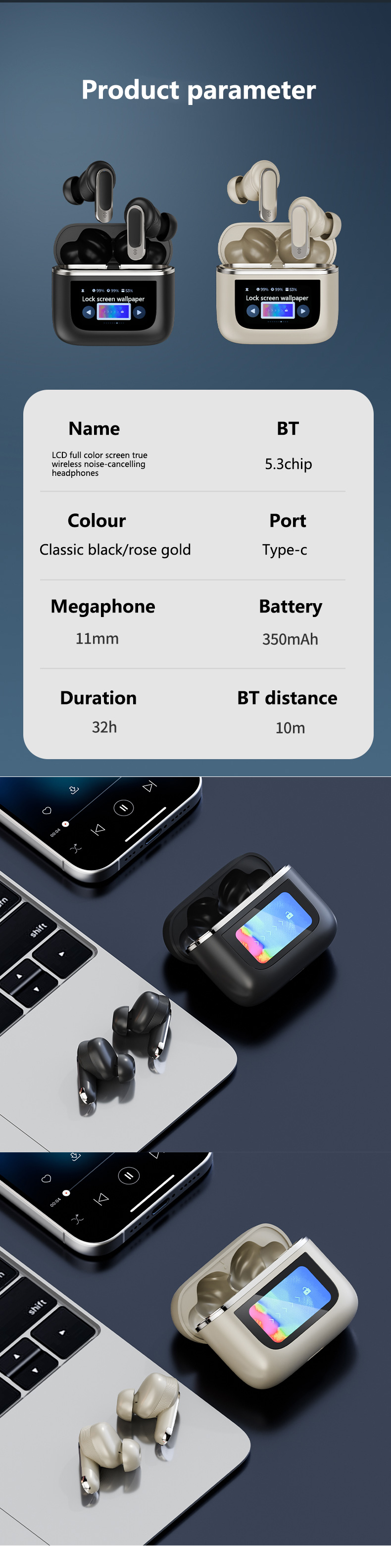 True Wireless Noise Cancelling Earbuds with Touchscreen