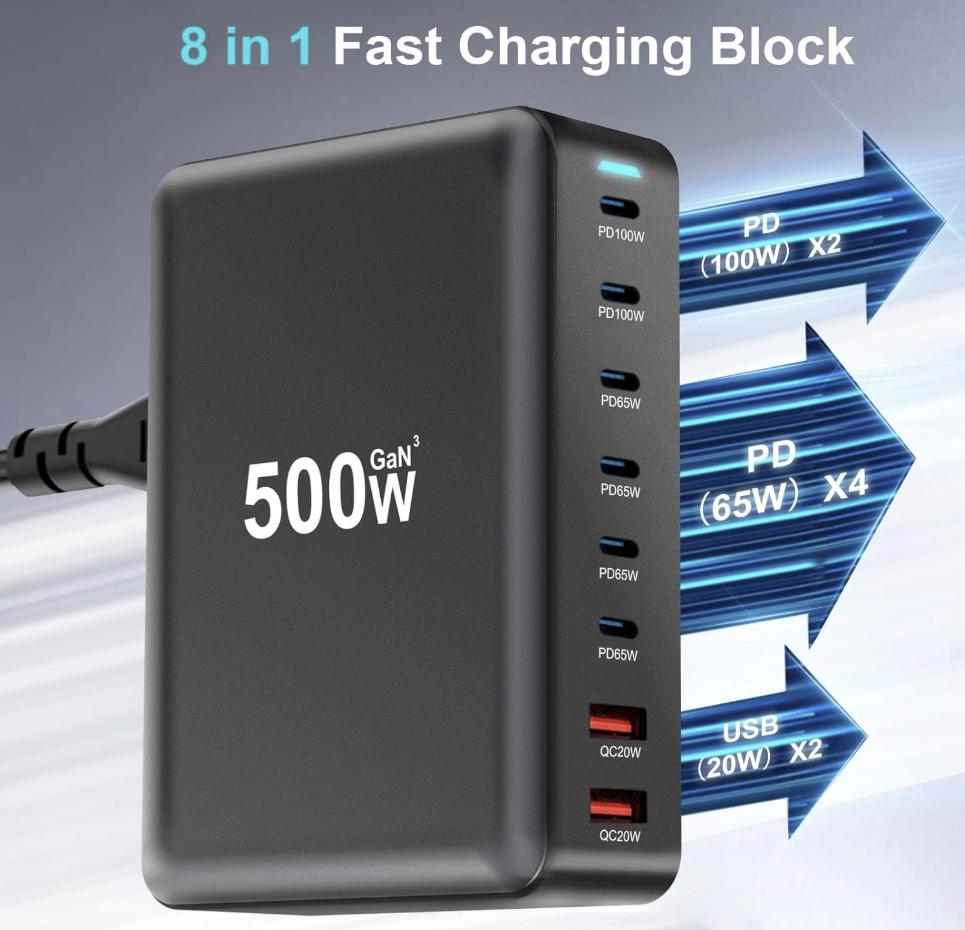 500W USB C Fast Charging Station Hub, 8 Port HUB