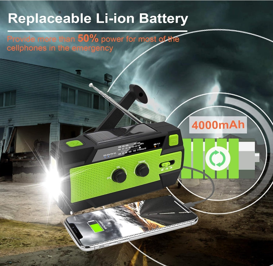 Emergency Crank Weather Radio, 4000mAh Solar Hand Crank Portable AM/FM/NOAA