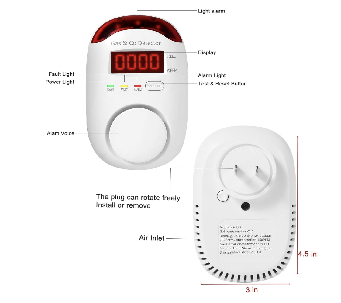 Combination Gas & Carbon Monoxide Detectors Plug in, 2-in-1 Natural Gas Detector & Carbon Monoxide Alarm, CO Detector Alarm & Propane, Methane, Explosive Gas Detector for Home,RV,Easy to Install