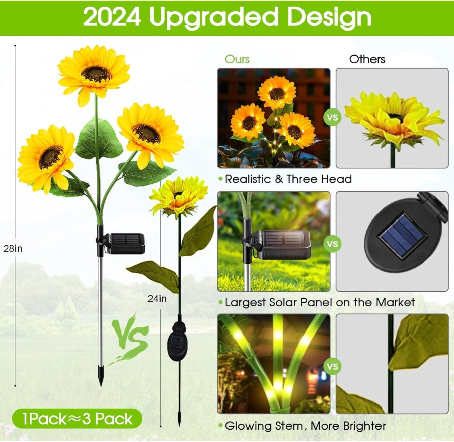 3 Pack Solar Garden Lights with 9 Sunflower Lights