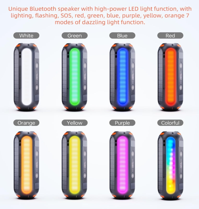 Magnetic Bluetooth Speaker with Solar Charging & Flashing Lights for Outdoor Activities