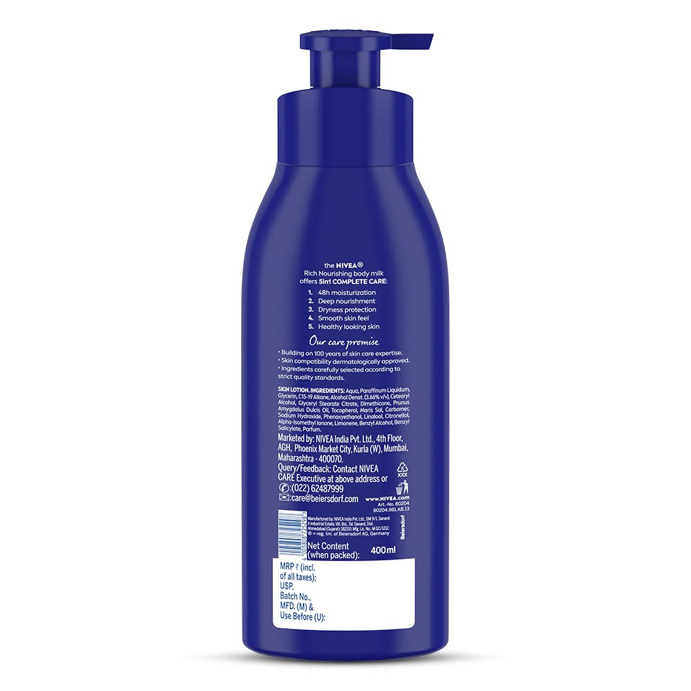3 Or 6 Pack Nivea Nourishing Lotion Body Milk Richly Caring For Very Dry Skin, 400ml
