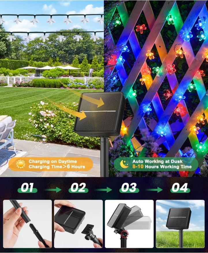 2 Pack Total 52FT 120 LED Flower Solar String Lights Outdoor Waterproof Fairy Lights