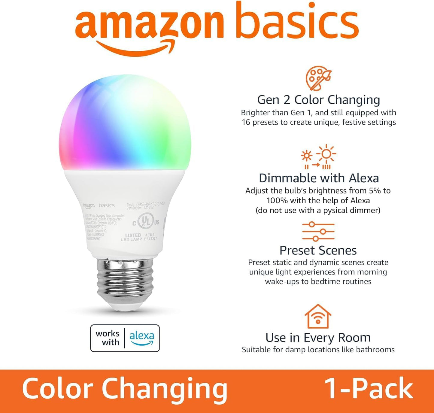 Amazon Basics Smart A19 LED Light Bulb, Color Changing, 9W (60W Equivalent), 800LM, Works with Alexa Only, 2.4 GHz Wi-Fi, No Hub Required