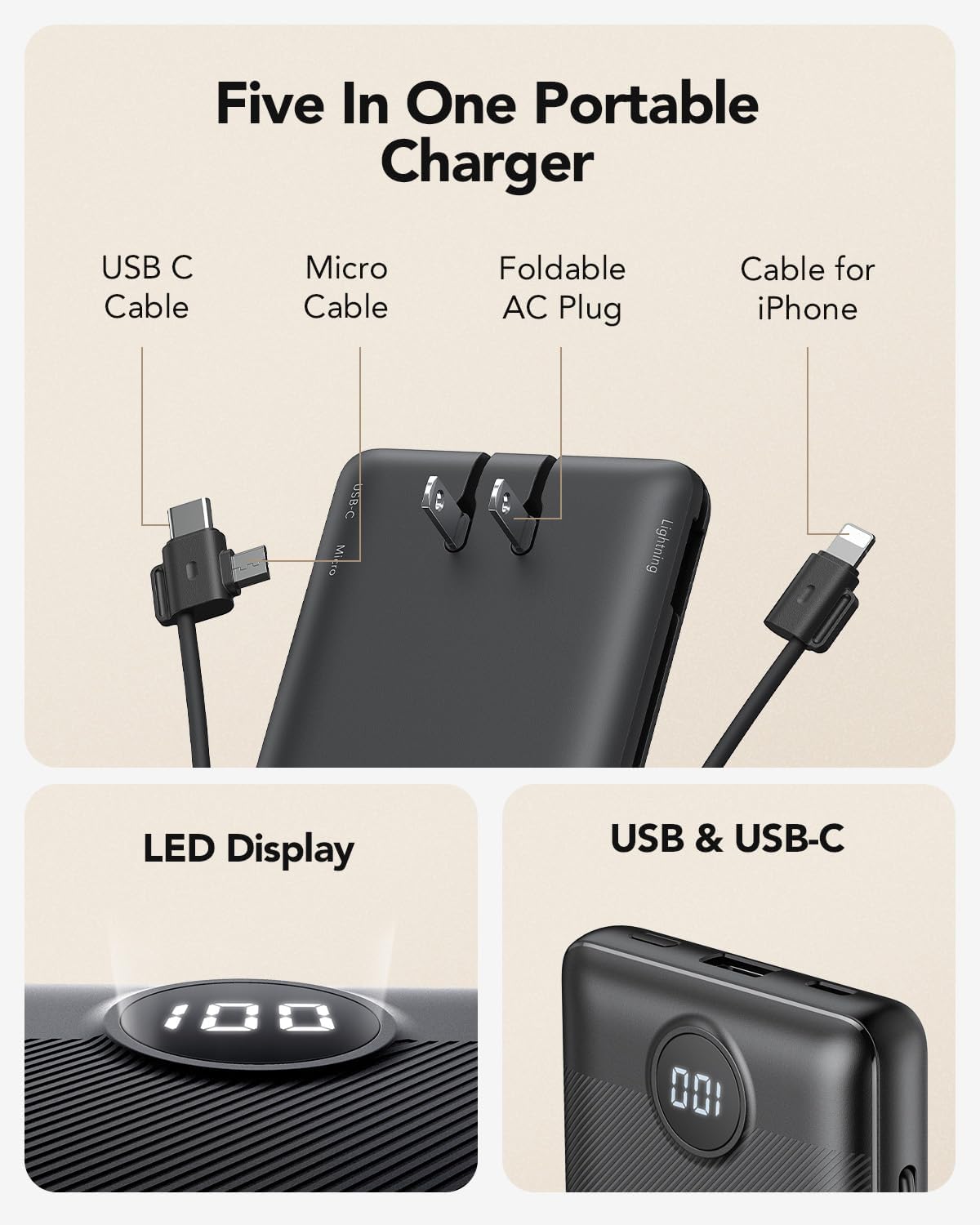 VRURC Portable Charger Built-in Cables and AC Wall Plug, USB C Power Bank 10000mAh