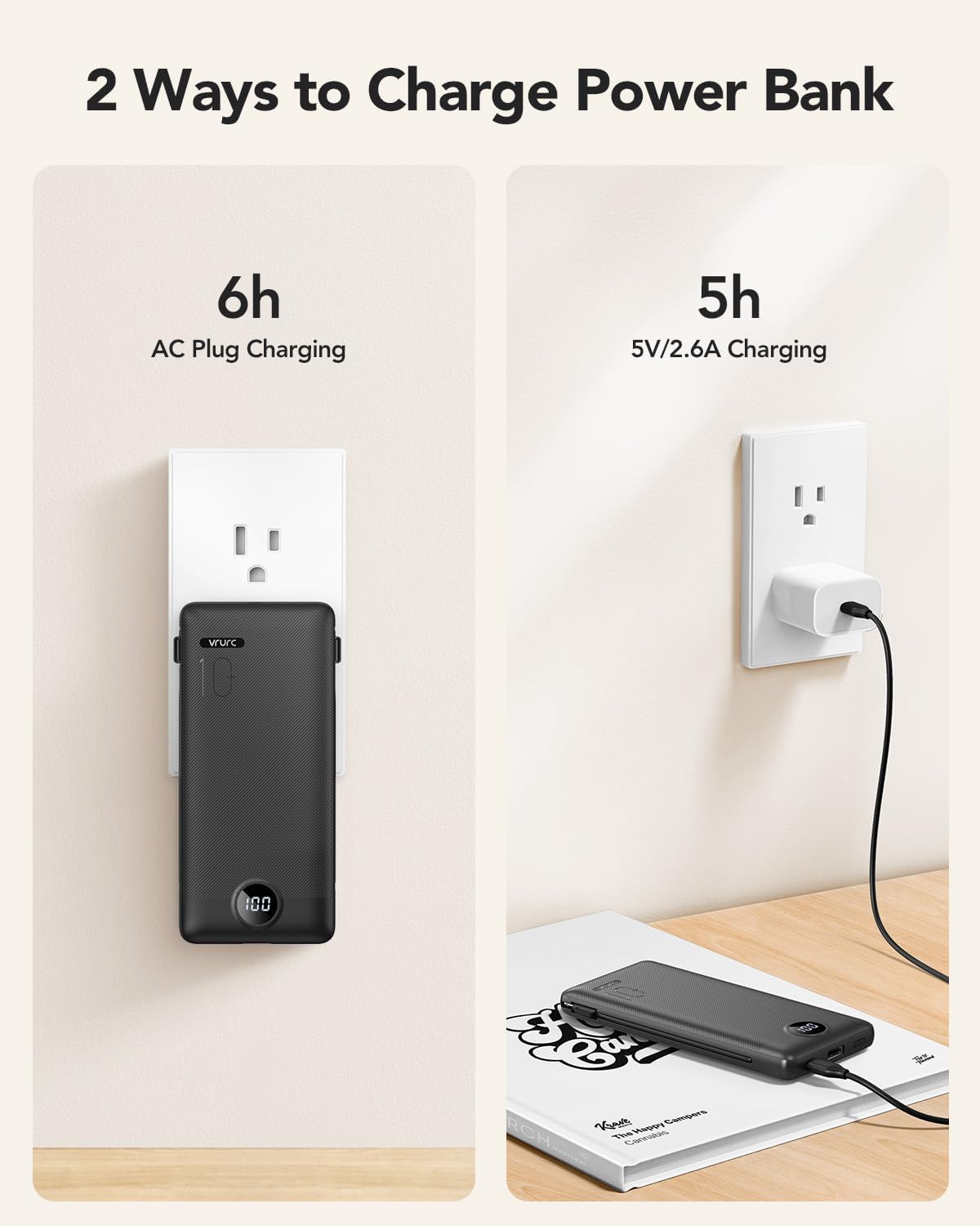 VRURC Portable Charger Built-in Cables and AC Wall Plug, USB C Power Bank 10000mAh