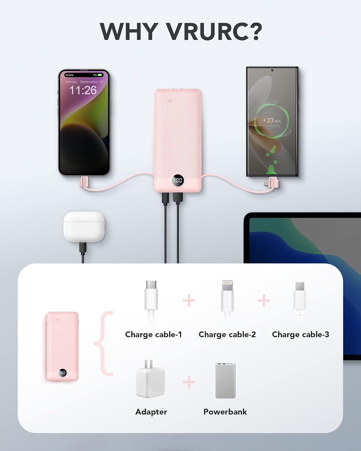 VRURC Portable Charger Built-in Cables and AC Wall Plug, USB C Power Bank 10000mAh