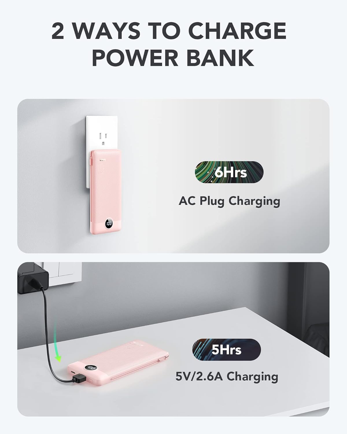 VRURC Portable Charger Built-in Cables and AC Wall Plug, USB C Power Bank 10000mAh