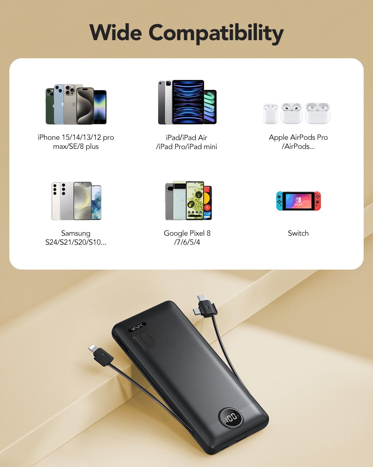 VRURC Portable Charger Built-in Cables and AC Wall Plug, USB C Power Bank 10000mAh