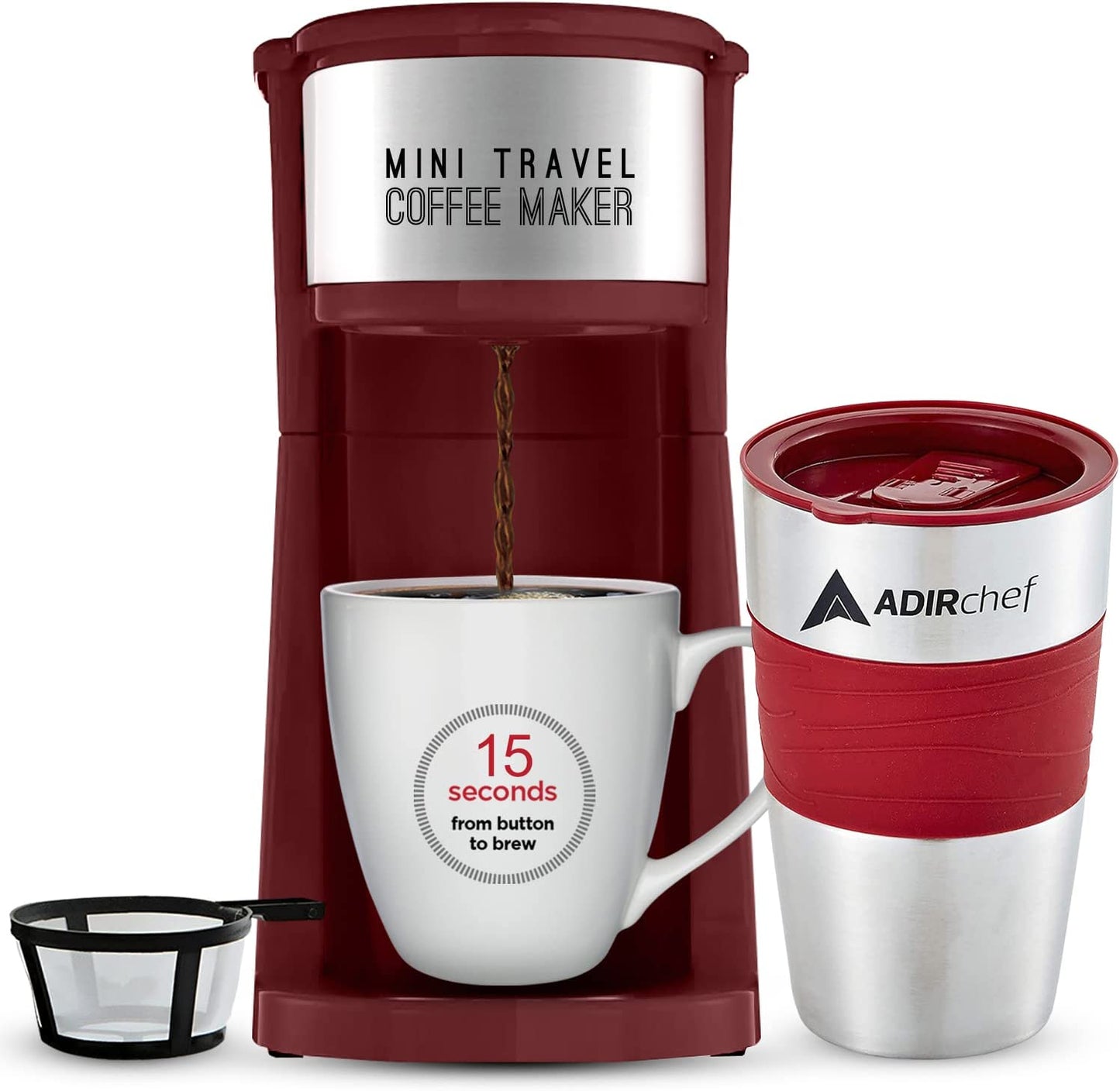 AdirChef Mini Travel Single Serve Coffee Maker & 15 oz. Travel Mug Coffee Tumbler & Reusable Filter