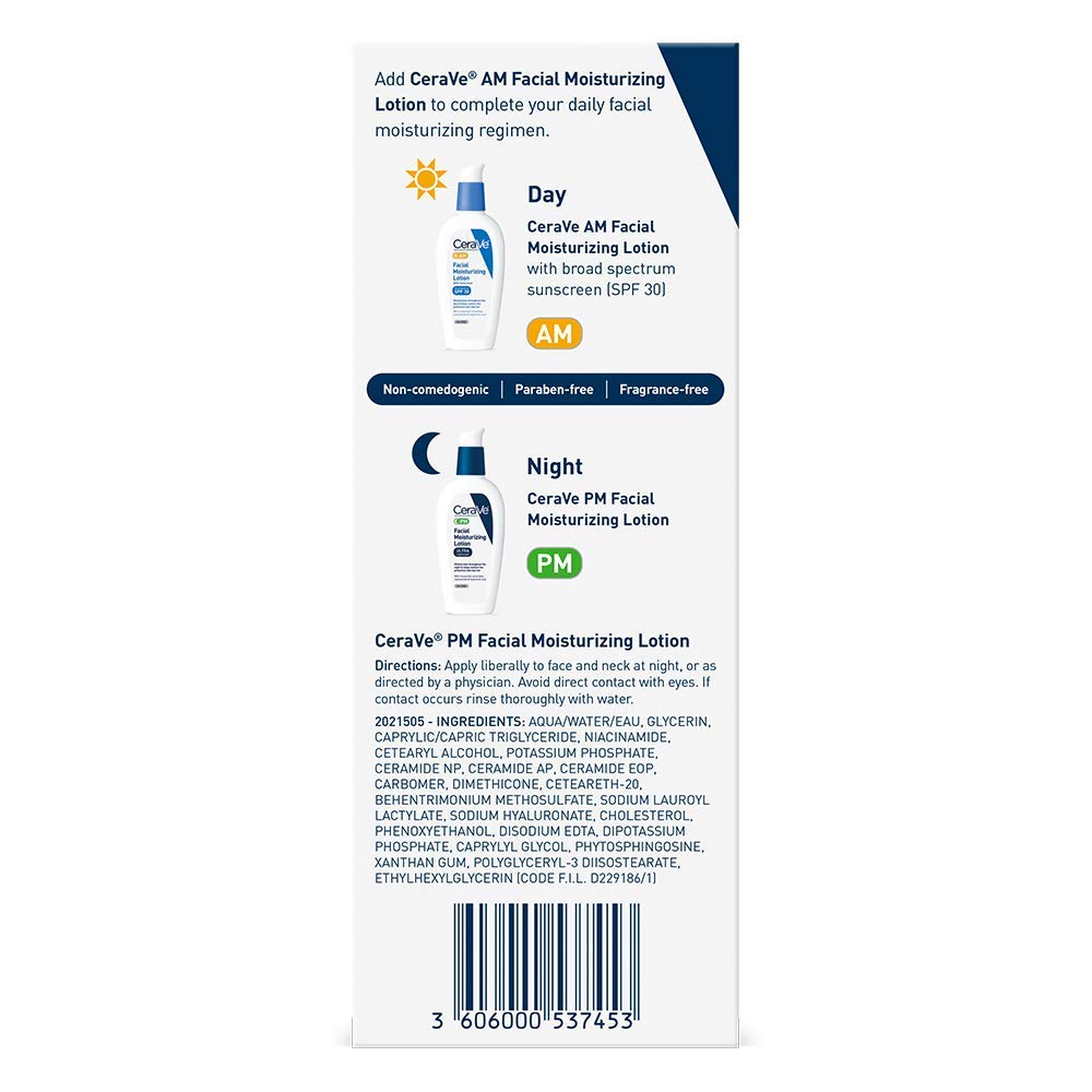 2 Pack CeraVe PM Facial Moisturizing Lotion, Night Cream with Hyaluronic Acid and Niacinamide