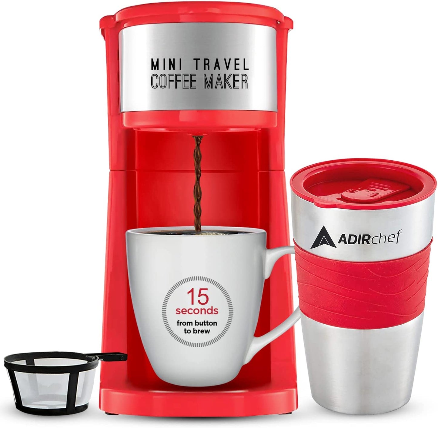 AdirChef Mini Travel Single Serve Coffee Maker & 15 oz. Travel Mug Coffee Tumbler & Reusable Filter