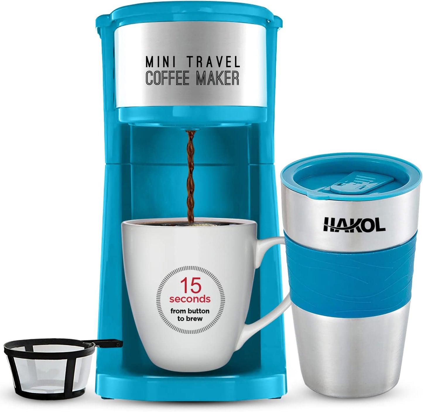 Hakol Mini Travel Single Serve Coffee Maker & 15 oz. Travel Mug Coffee Tumble