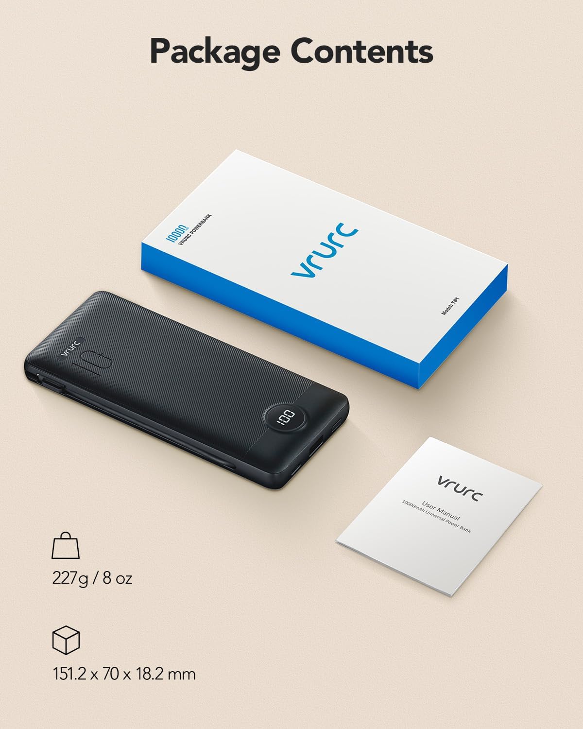 VRURC Portable Charger Built-in Cables and AC Wall Plug, USB C Power Bank 10000mAh