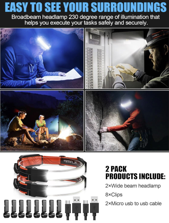 2Pack 1000LM 230°Wide-Beam Rechargeable Head Lamp
