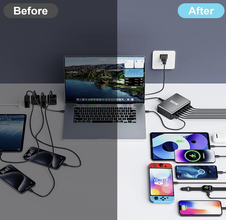 500W USB C Fast Charging Station Hub, 8 Port HUB