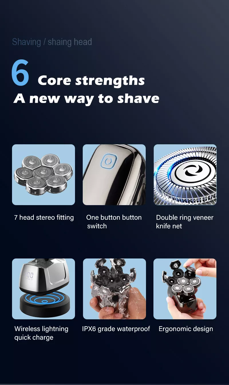 Waterproof 6 In 1 7D Men's Electric Shaver Razor With Wireless Charger