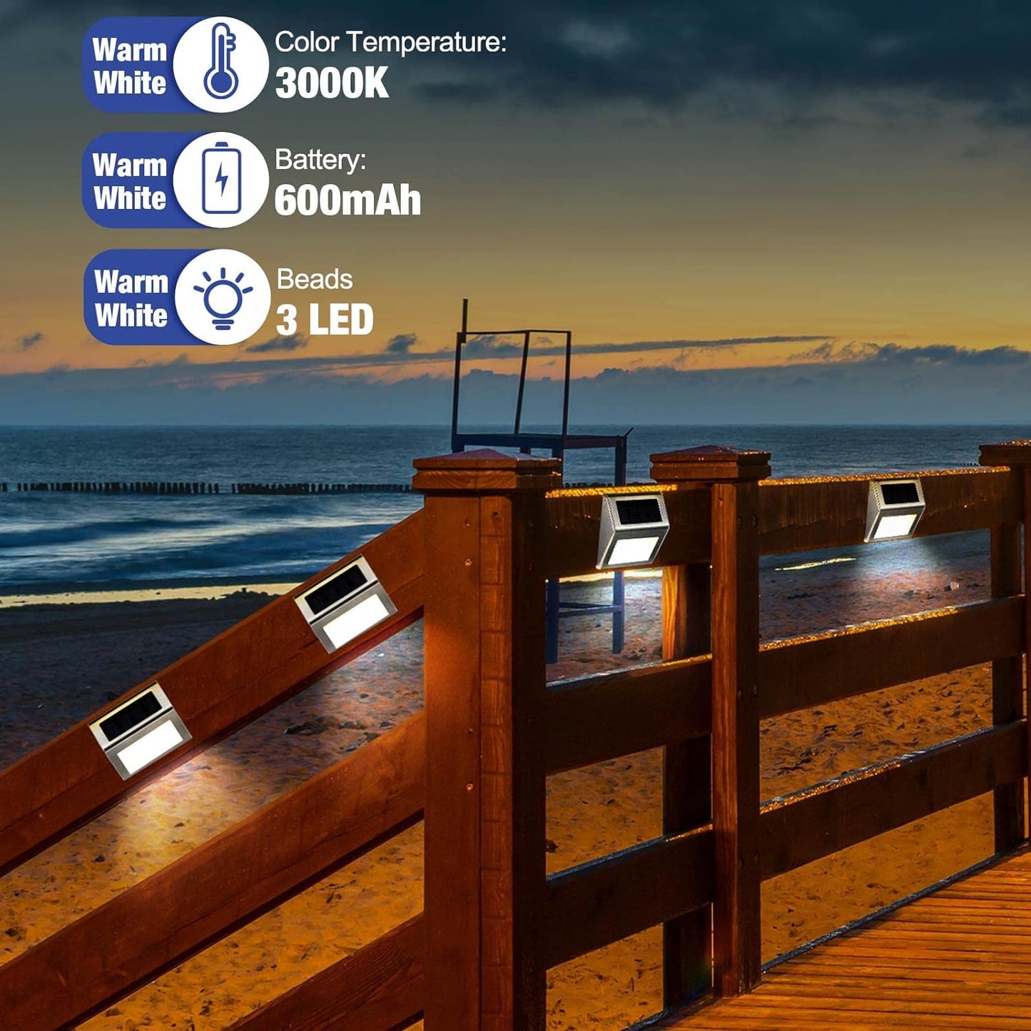 8 Pack Stainless Steel Solar Lights – For Stairs, Pathways and Decks – Cool White