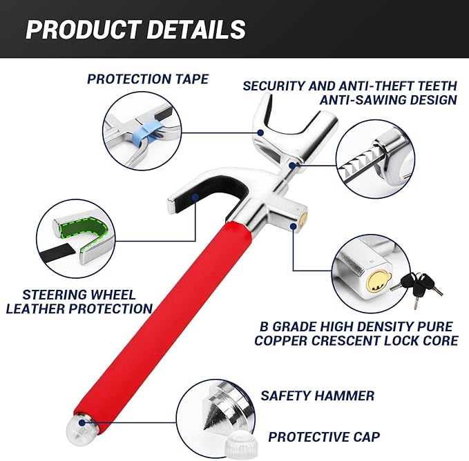 Car Steering Wheel Lock, Anti Theft Car Device Club for Car Steering Wheel, Car Security Car Theft Prevention with 3 Keys & Safety Hammer Fit for All Cars
