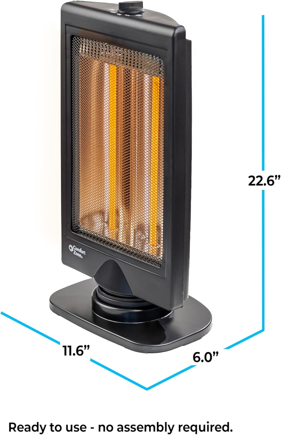Comfort Zone Oscillating Portable Space Heater, Flat Panel, Halogen, Infrared, Electric, Adjustable Tilt, Overheat Sensor, Stay-Cool, & Tip-Over Switch, Ideal for Home, Bedroom, & Office, 800W, CZHTV9