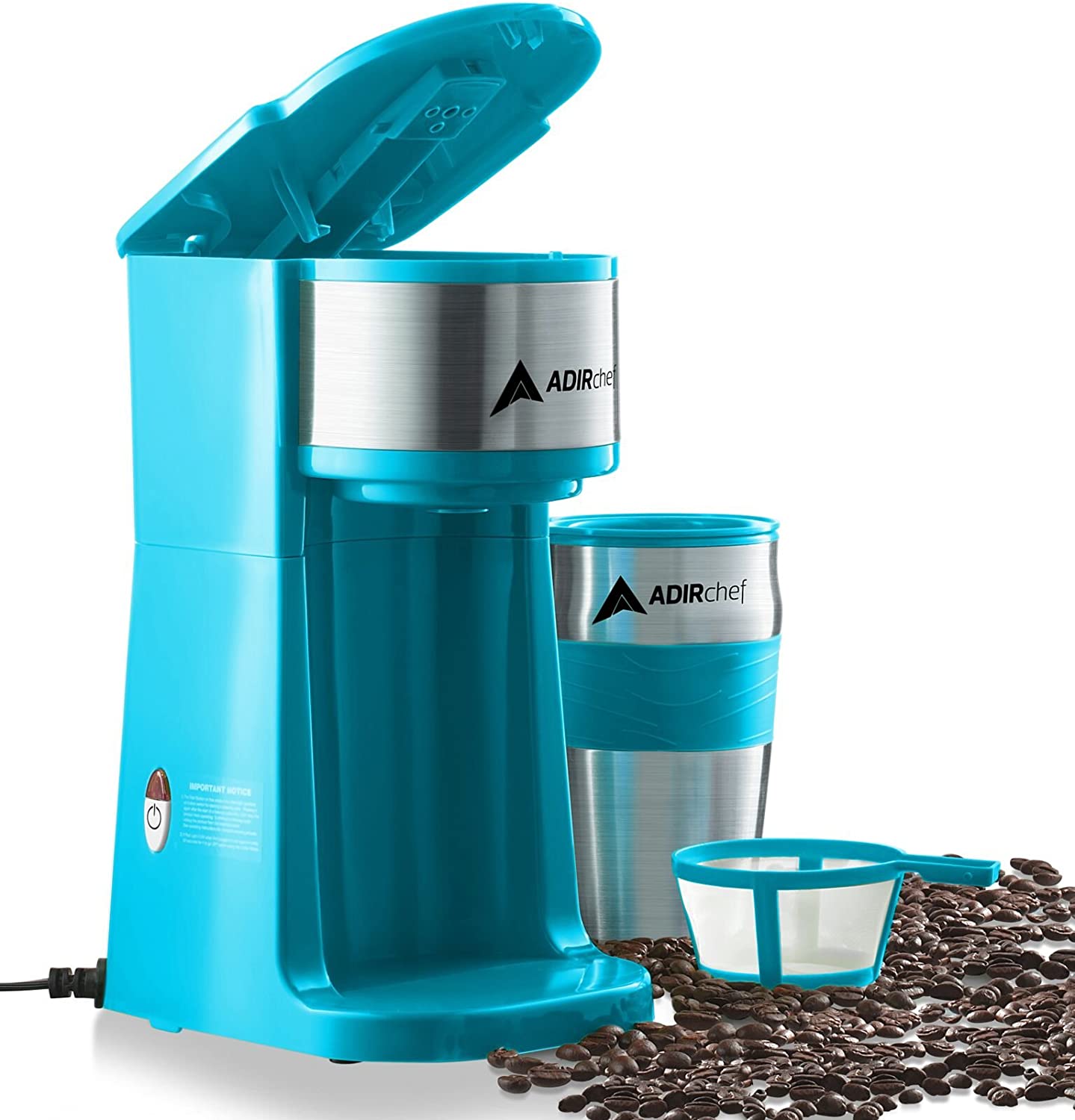 AdirChef Mini Travel Single Serve Coffee Maker & 15 oz. Travel Mug Coffee Tumbler & Reusable Filter