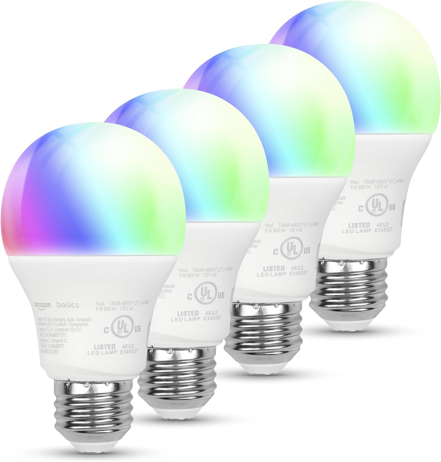 Amazon Basics Smart A19 LED Light Bulb, Color Changing, 9W (60W Equivalent), 800LM, Works with Alexa Only, 2.4 GHz Wi-Fi, No Hub Required