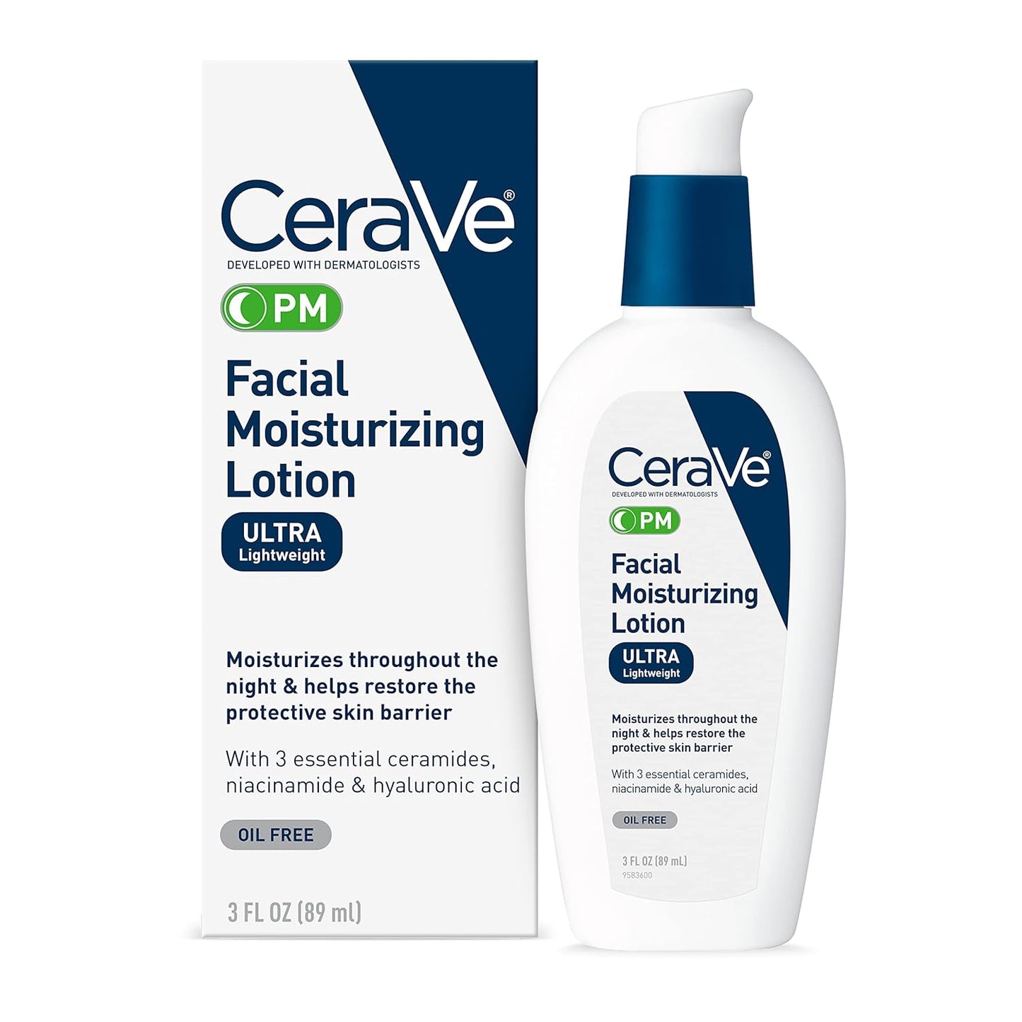 2 Pack CeraVe PM Facial Moisturizing Lotion, Night Cream with Hyaluronic Acid and Niacinamide