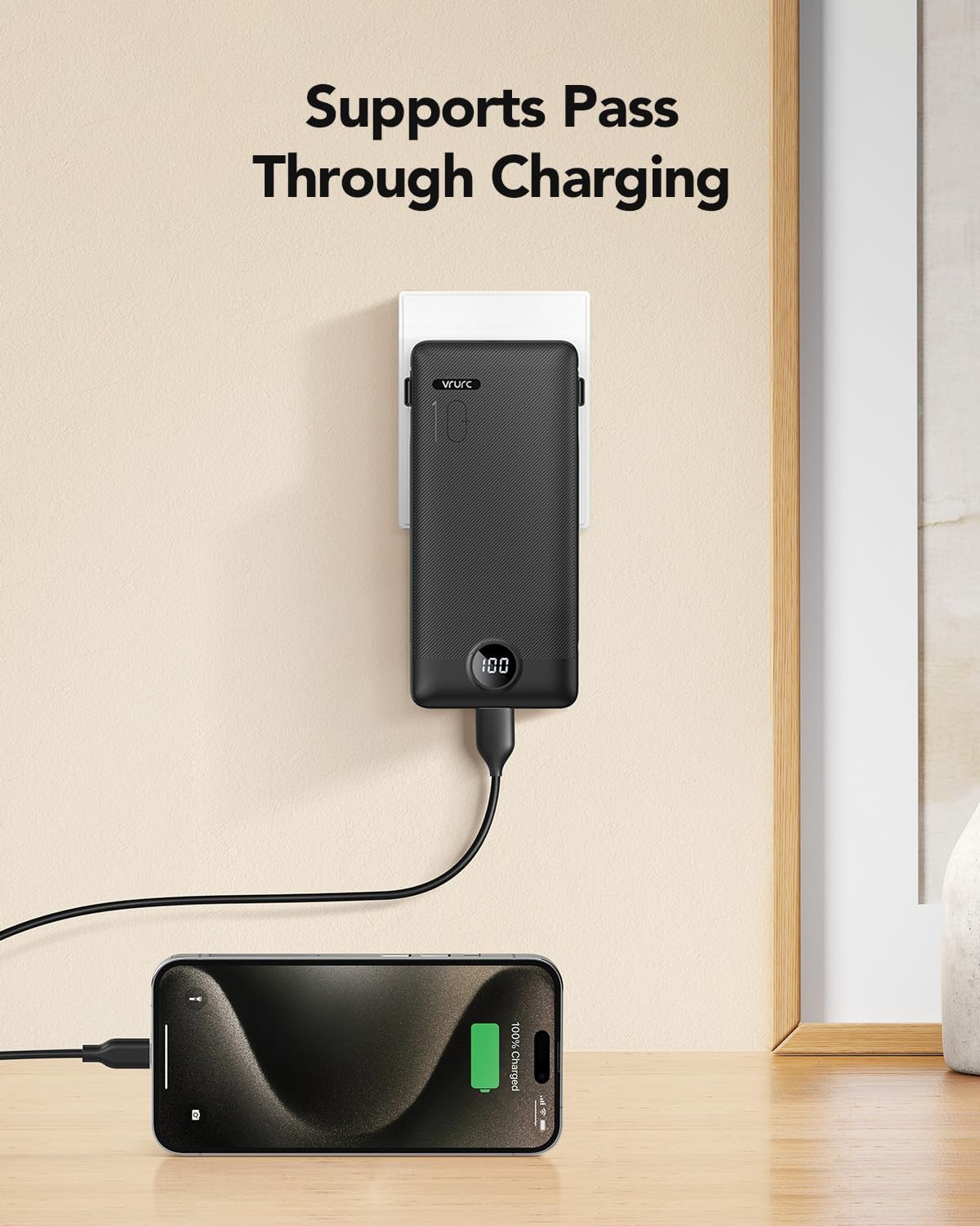 VRURC Portable Charger Built-in Cables and AC Wall Plug, USB C Power Bank 10000mAh
