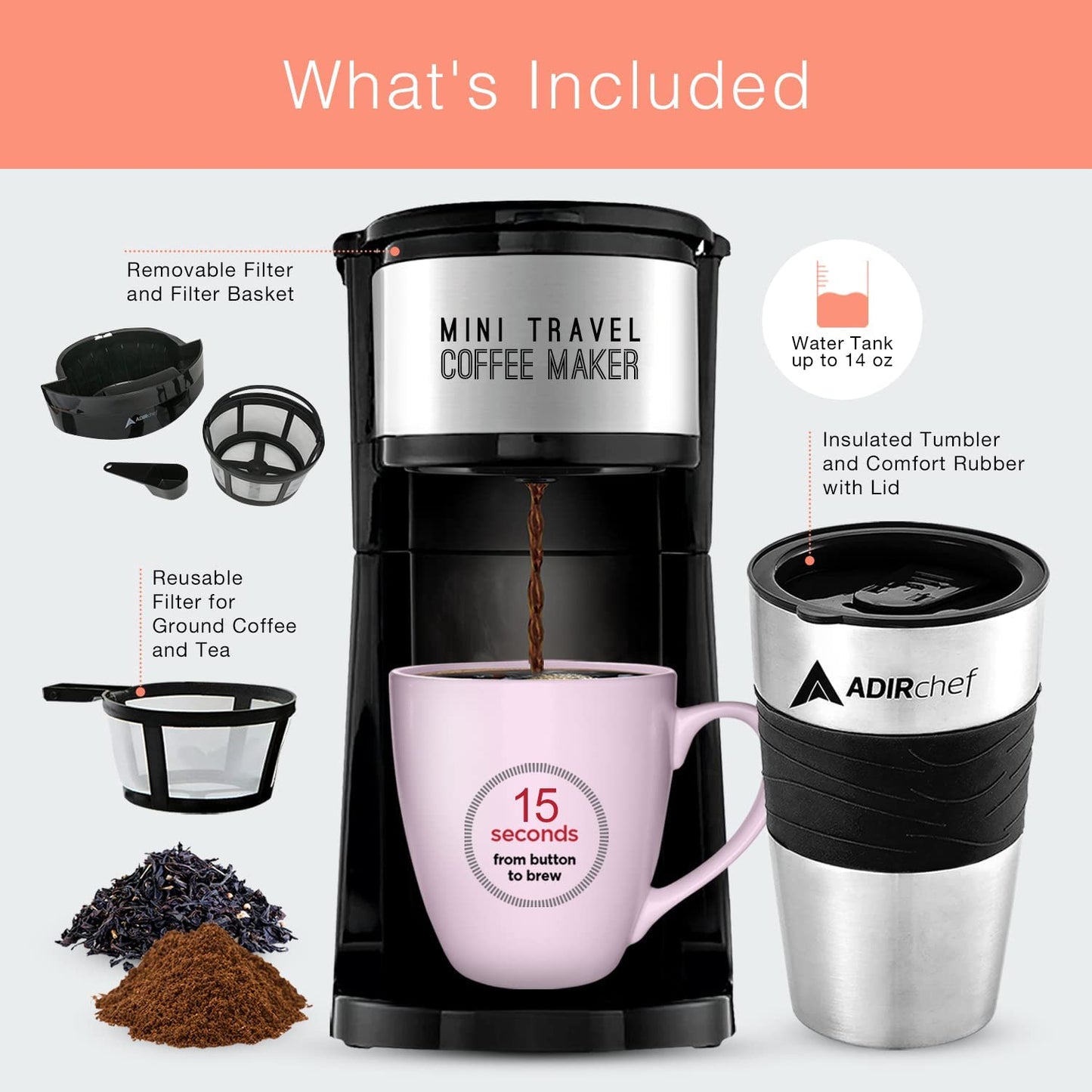 AdirChef Mini Travel Single Serve Coffee Maker & 15 oz. Travel Mug Coffee Tumbler & Reusable Filter