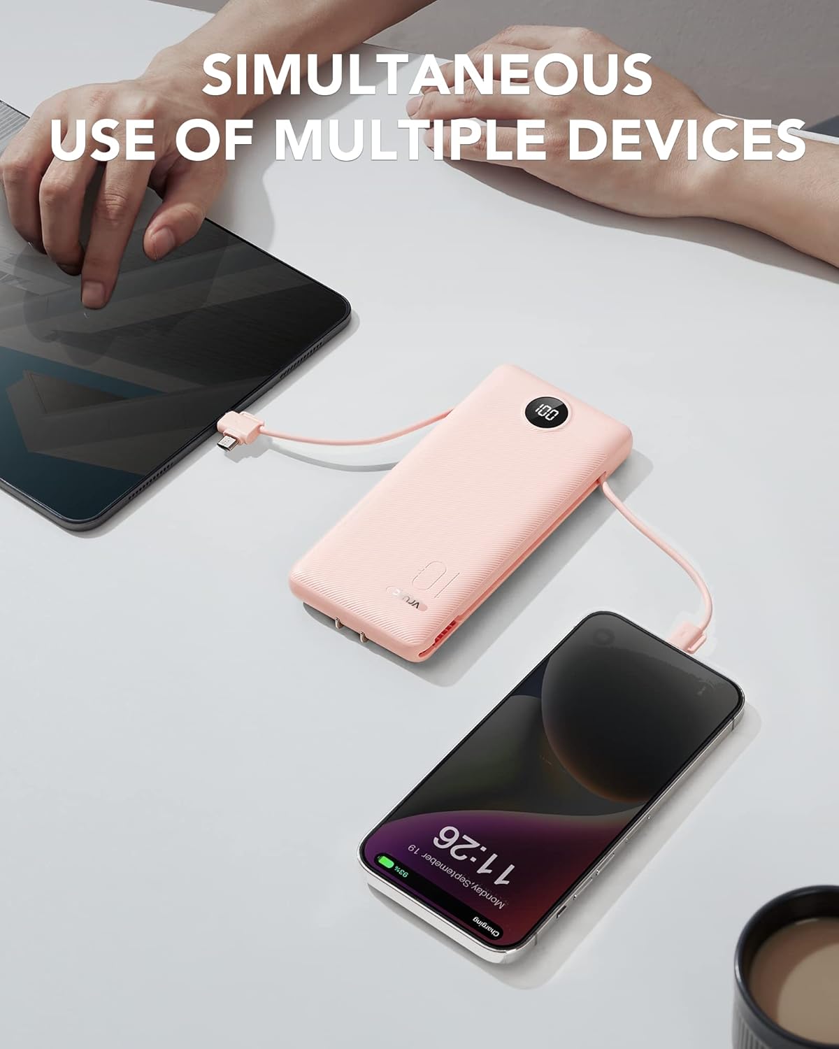 VRURC Portable Charger Built-in Cables and AC Wall Plug, USB C Power Bank 10000mAh