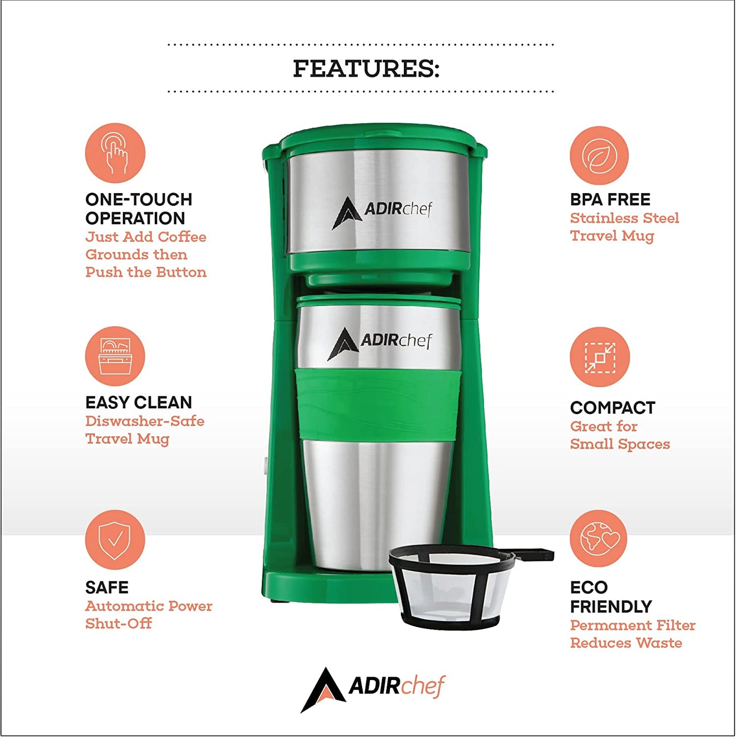 AdirChef Mini Travel Single Serve Coffee Maker & 15 oz. Travel Mug Coffee Tumbler & Reusable Filter