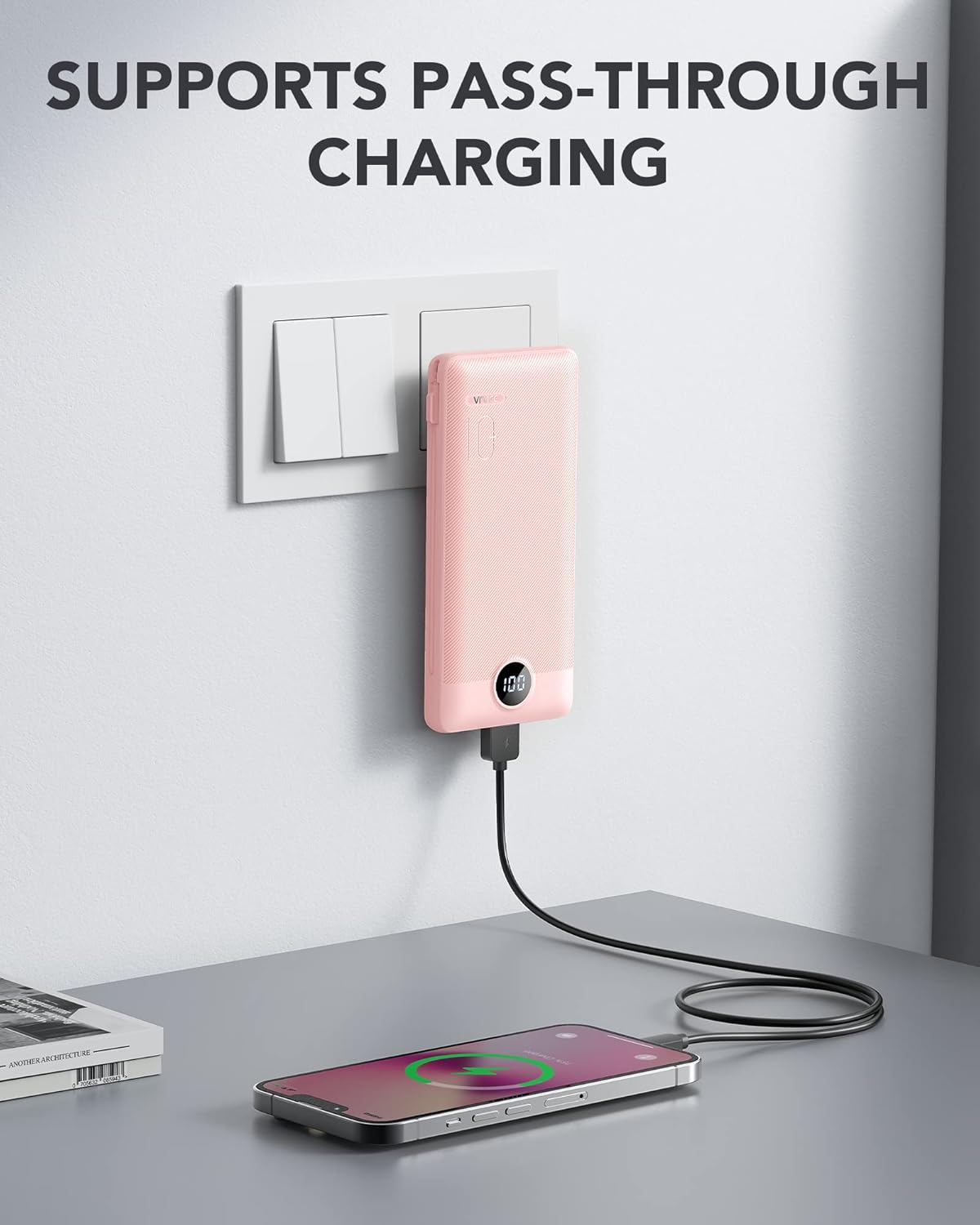 VRURC Portable Charger Built-in Cables and AC Wall Plug, USB C Power Bank 10000mAh