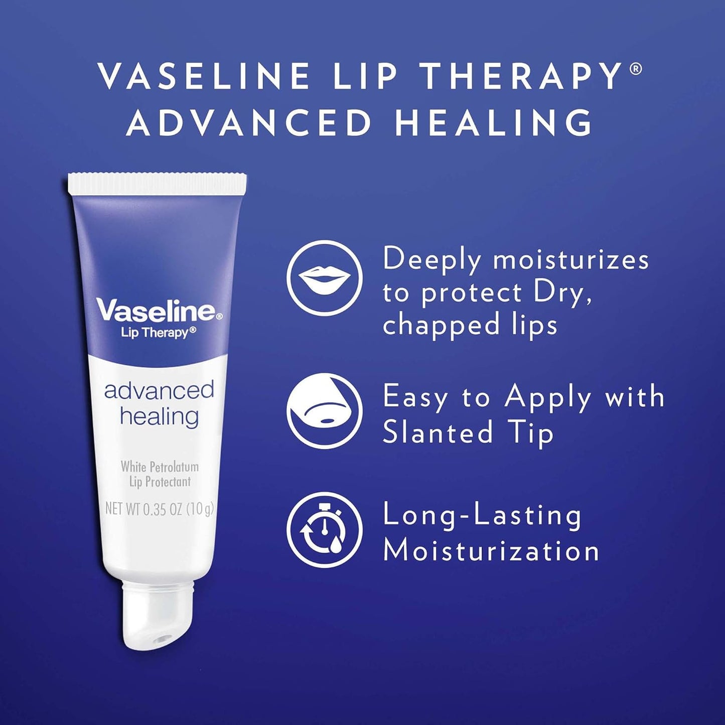 Vaseline Lip Therapy Advanced Healing Lip Balm Tube 3-Pack – White Petroleum Lip Protectant, 0.35 Oz Ea