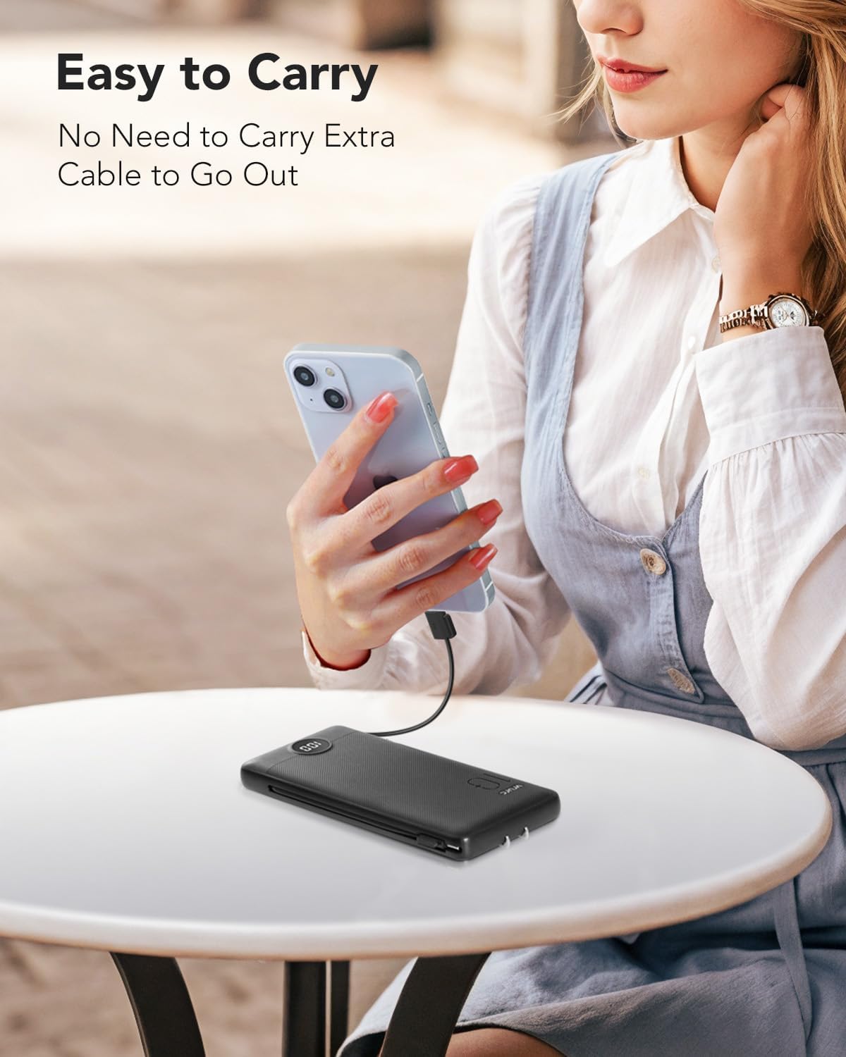 VRURC Portable Charger Built-in Cables and AC Wall Plug, USB C Power Bank 10000mAh