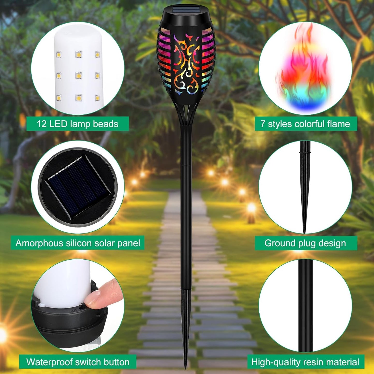 6 Pcs Solar Flame Torch Lights: Waterproof, Auto On/Off, Outdoor Decor