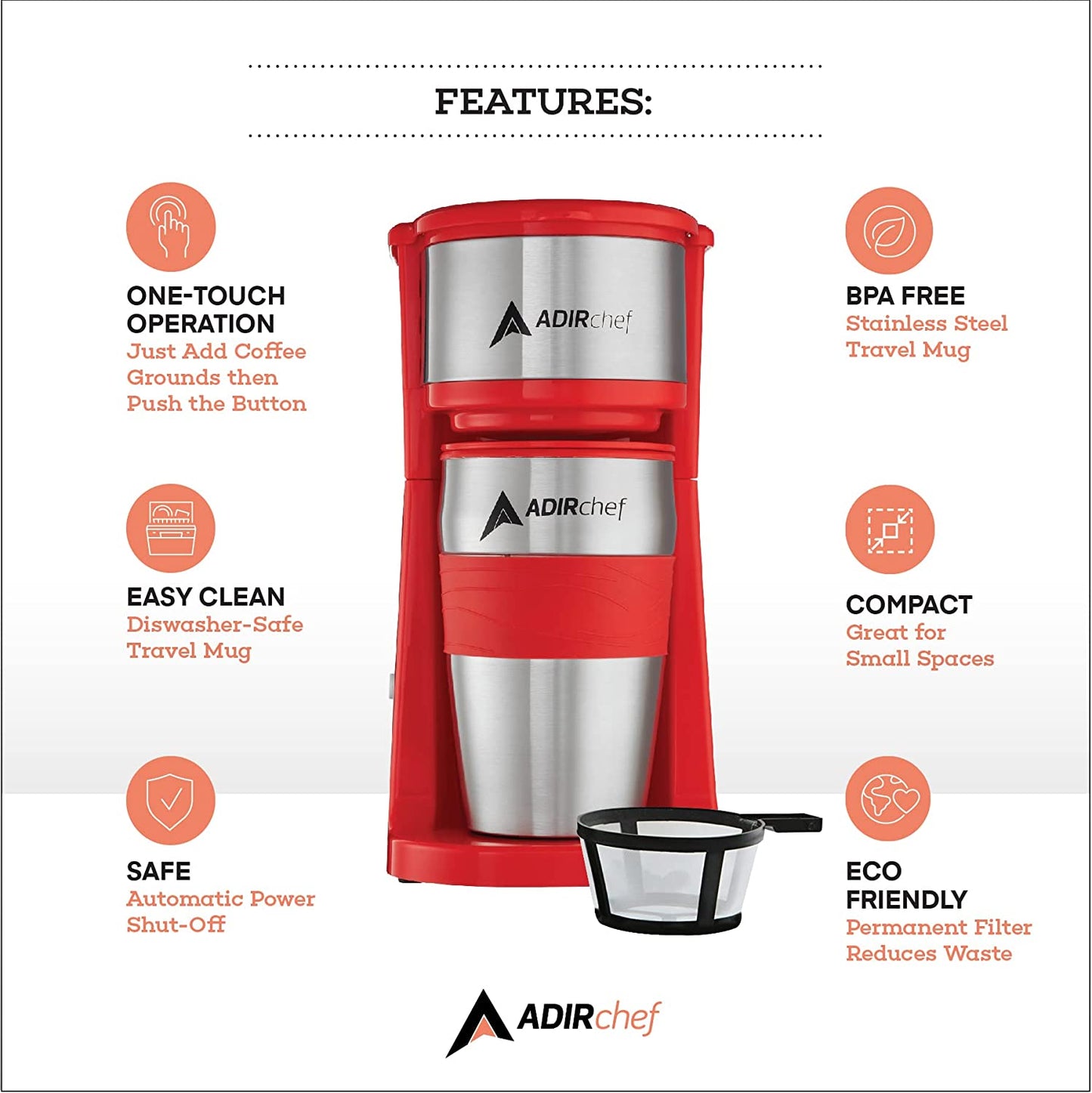 AdirChef Mini Travel Single Serve Coffee Maker & 15 oz. Travel Mug Coffee Tumbler & Reusable Filter