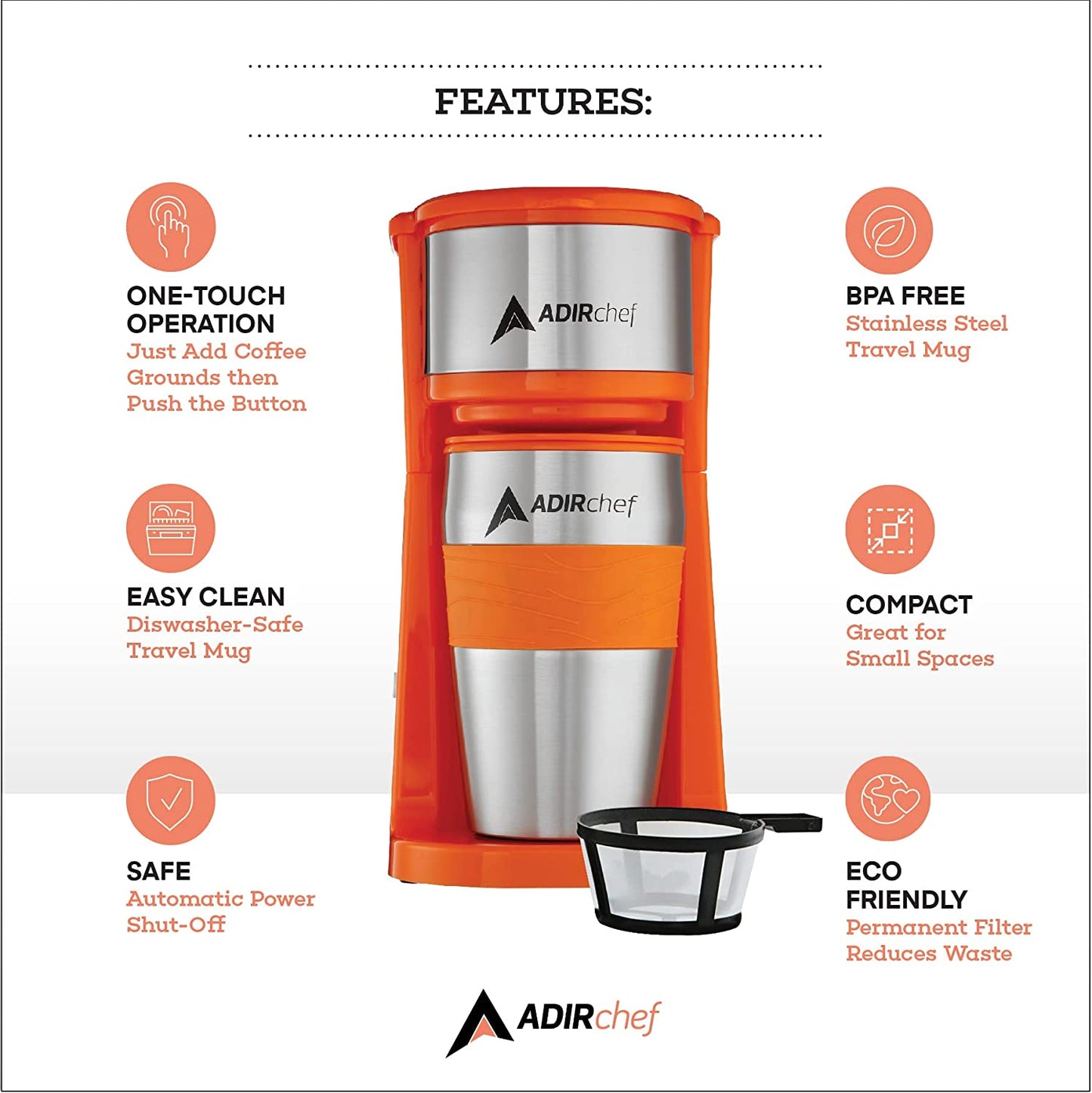 AdirChef Mini Travel Single Serve Coffee Maker & 15 oz. Travel Mug Coffee Tumbler & Reusable Filter