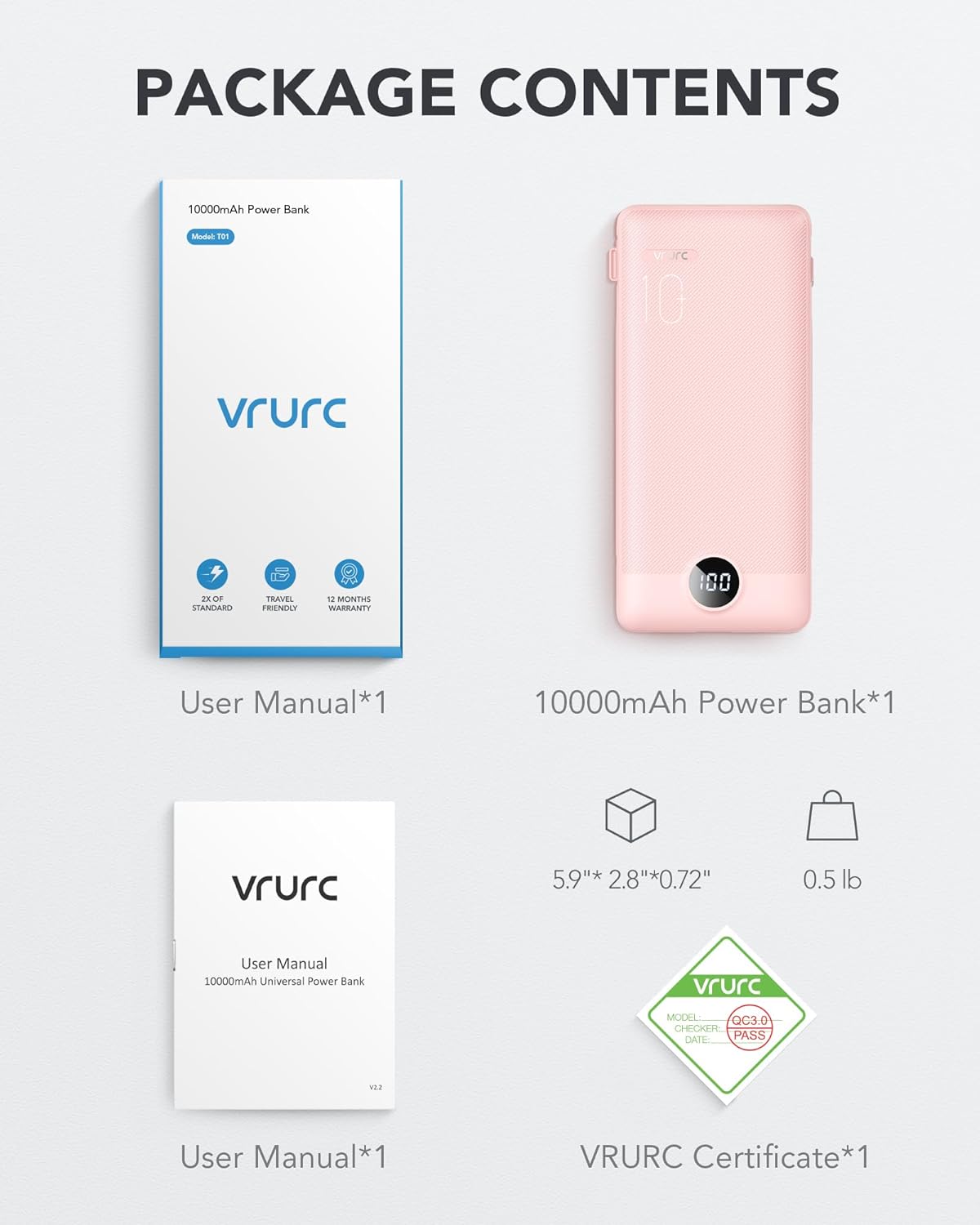 VRURC Portable Charger Built-in Cables and AC Wall Plug, USB C Power Bank 10000mAh
