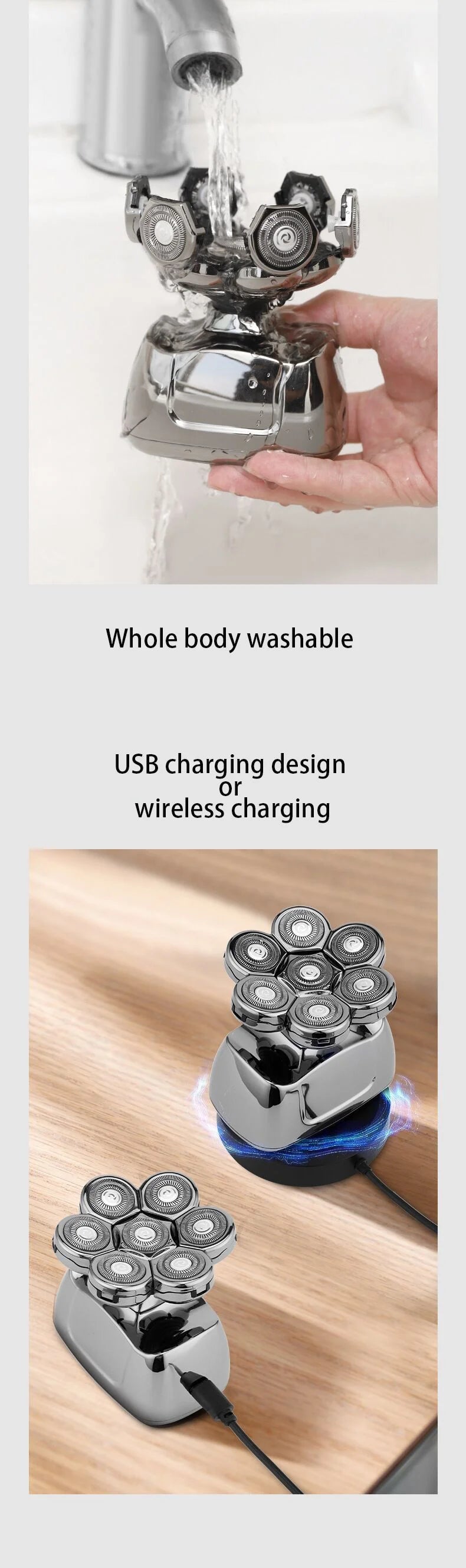 Waterproof 6 In 1 7D Men's Electric Shaver Razor With Wireless Charger