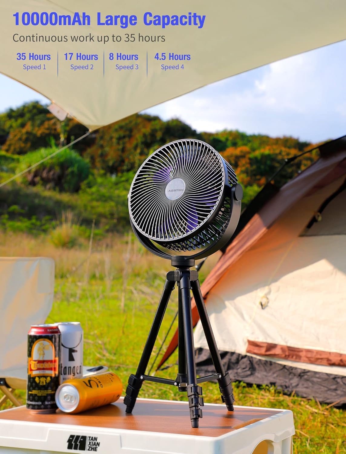 8" Portable Camping Fan, 10000mAh Rechargeable Tripod Fan with Tent Hook