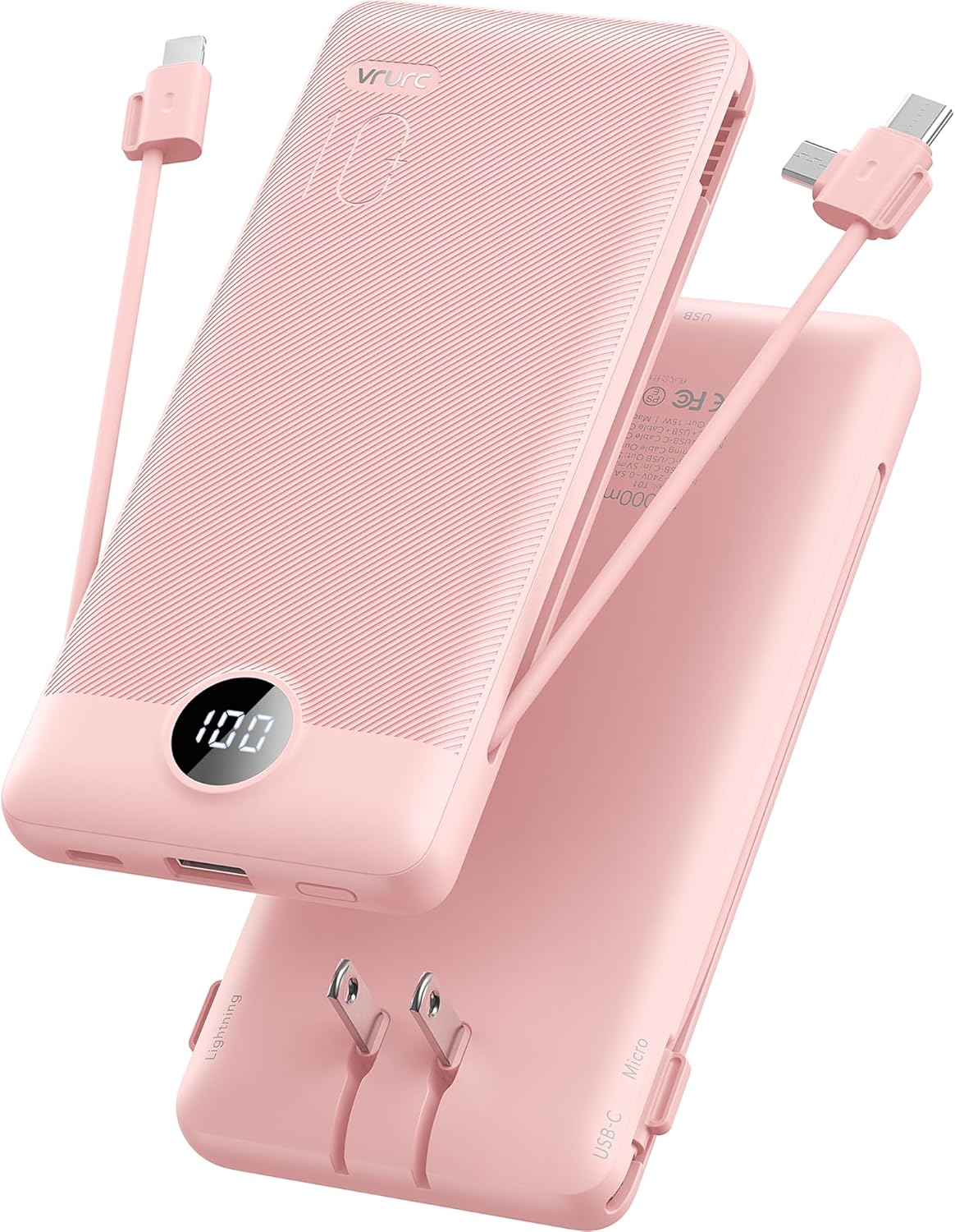 VRURC Portable Charger Built-in Cables and AC Wall Plug, USB C Power Bank 10000mAh