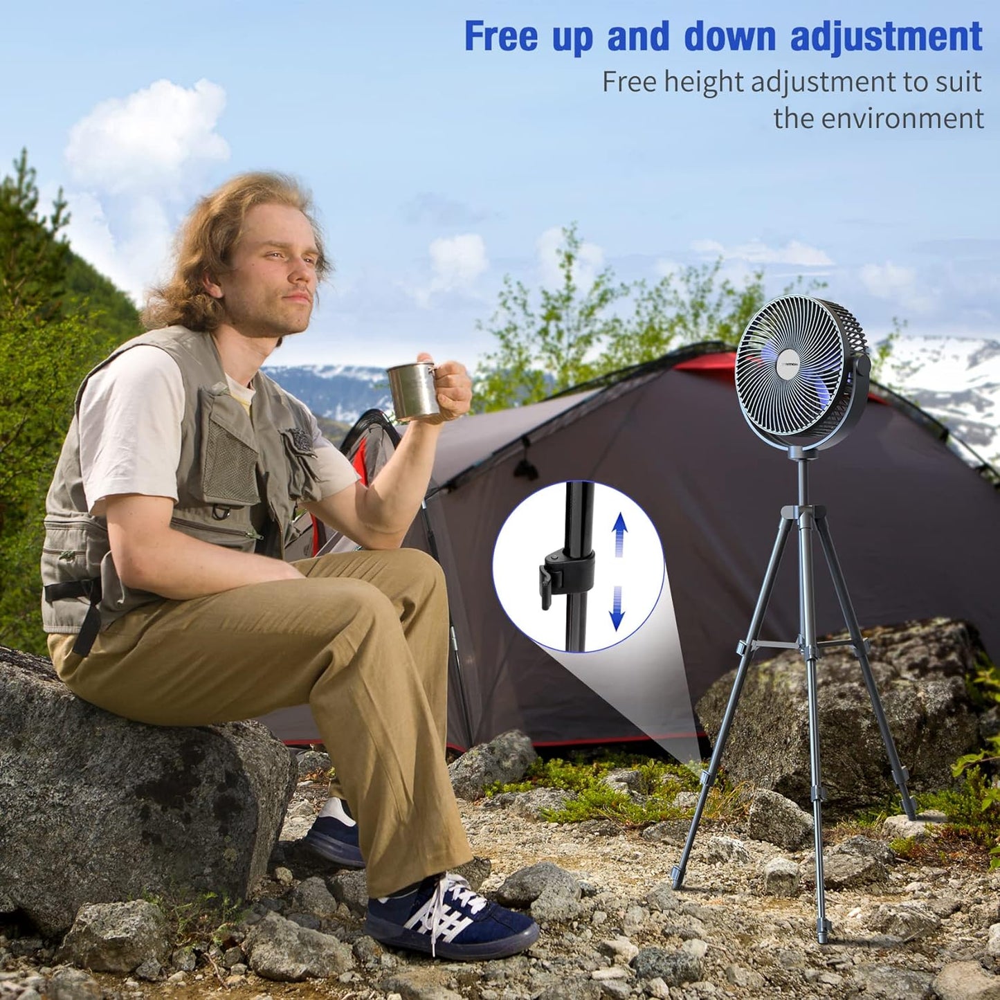 8" Portable Camping Fan, 10000mAh Rechargeable Tripod Fan with Tent Hook