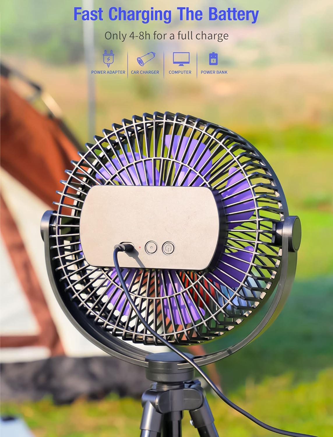 8" Portable Camping Fan, 10000mAh Rechargeable Tripod Fan with Tent Hook