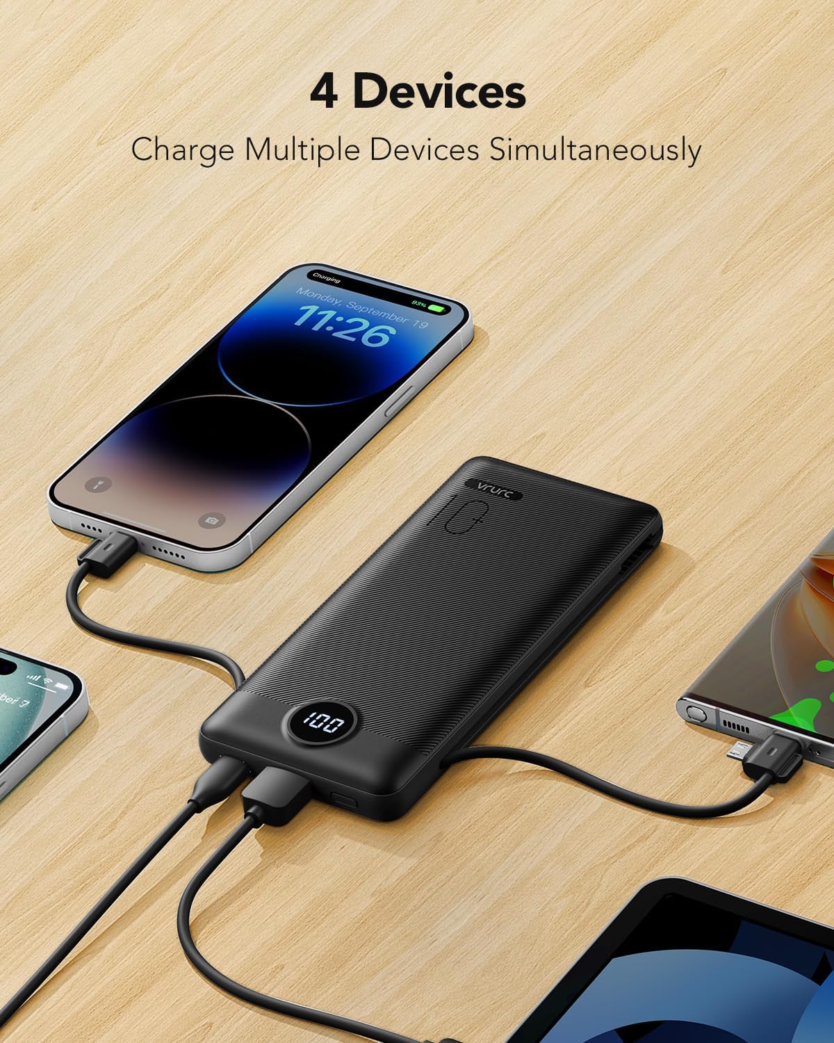 VRURC Portable Charger Built-in Cables and AC Wall Plug, USB C Power Bank 10000mAh