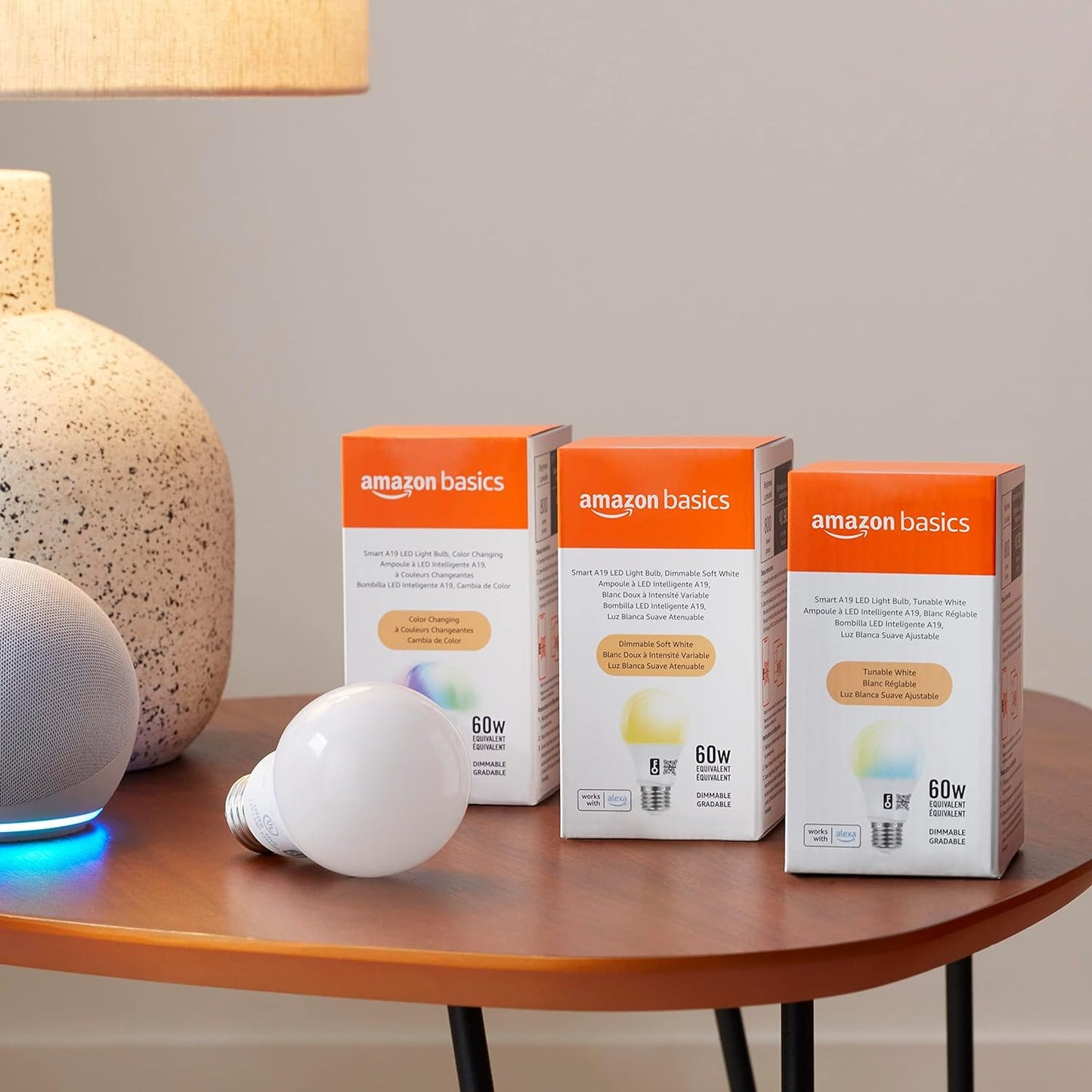 Amazon Basics Smart A19 LED Light Bulb, Color Changing, 9W (60W Equivalent), 800LM, Works with Alexa Only, 2.4 GHz Wi-Fi, No Hub Required
