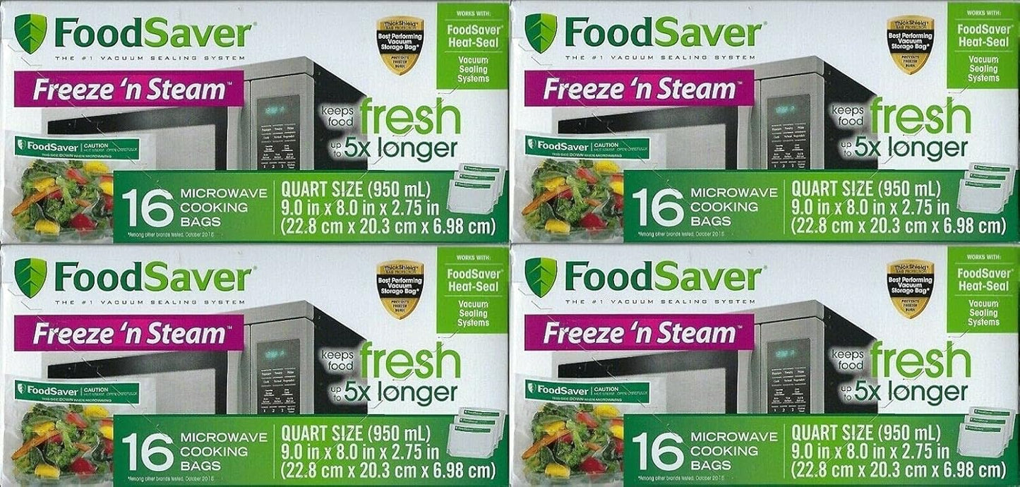 FoodSaver 1-Quart Freeze 'n Steam Microwavable Single-Cooking Bags, 16 Count, Clear (Pack of 8)