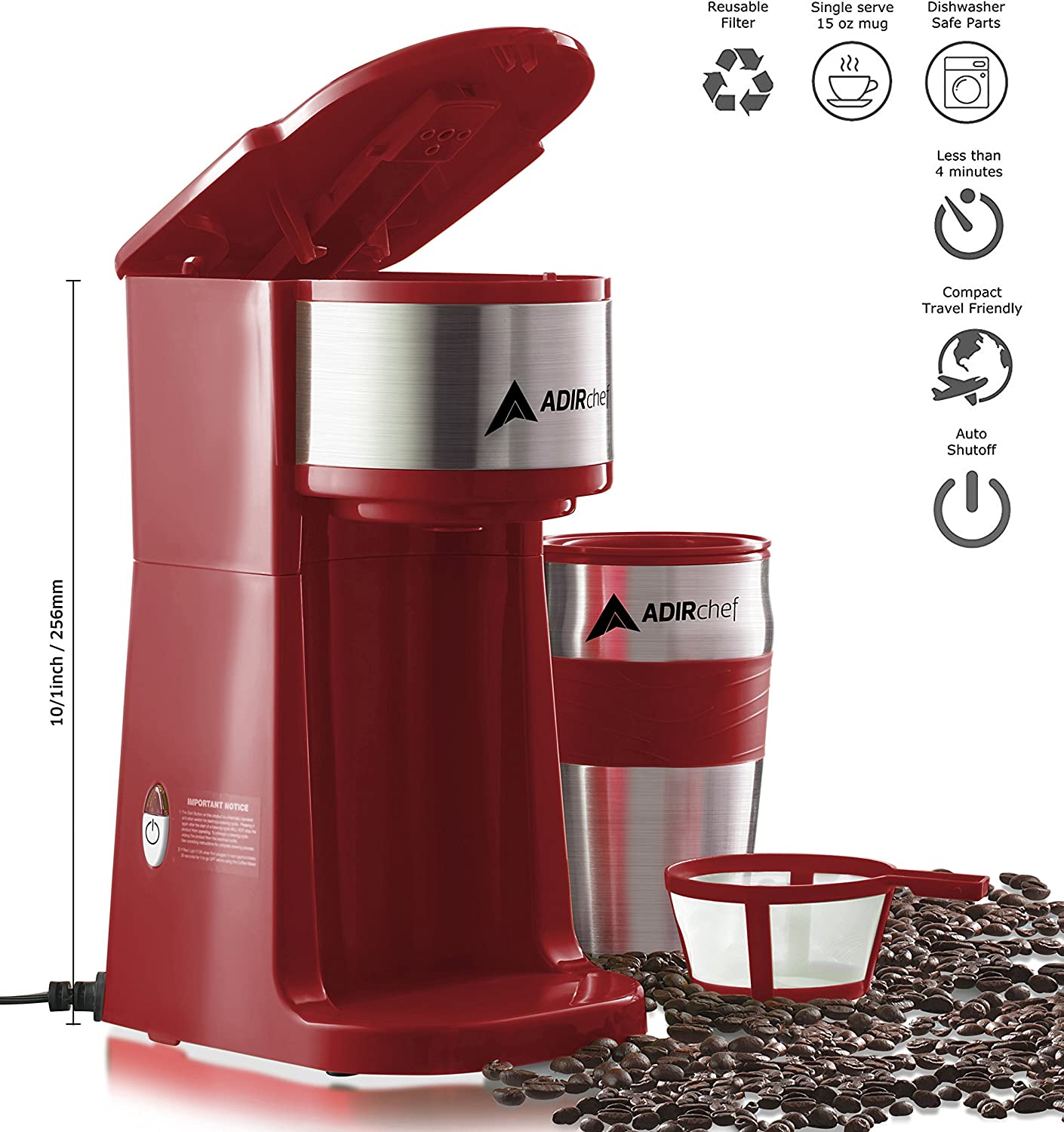 AdirChef Mini Travel Single Serve Coffee Maker & 15 oz. Travel Mug Coffee Tumbler & Reusable Filter