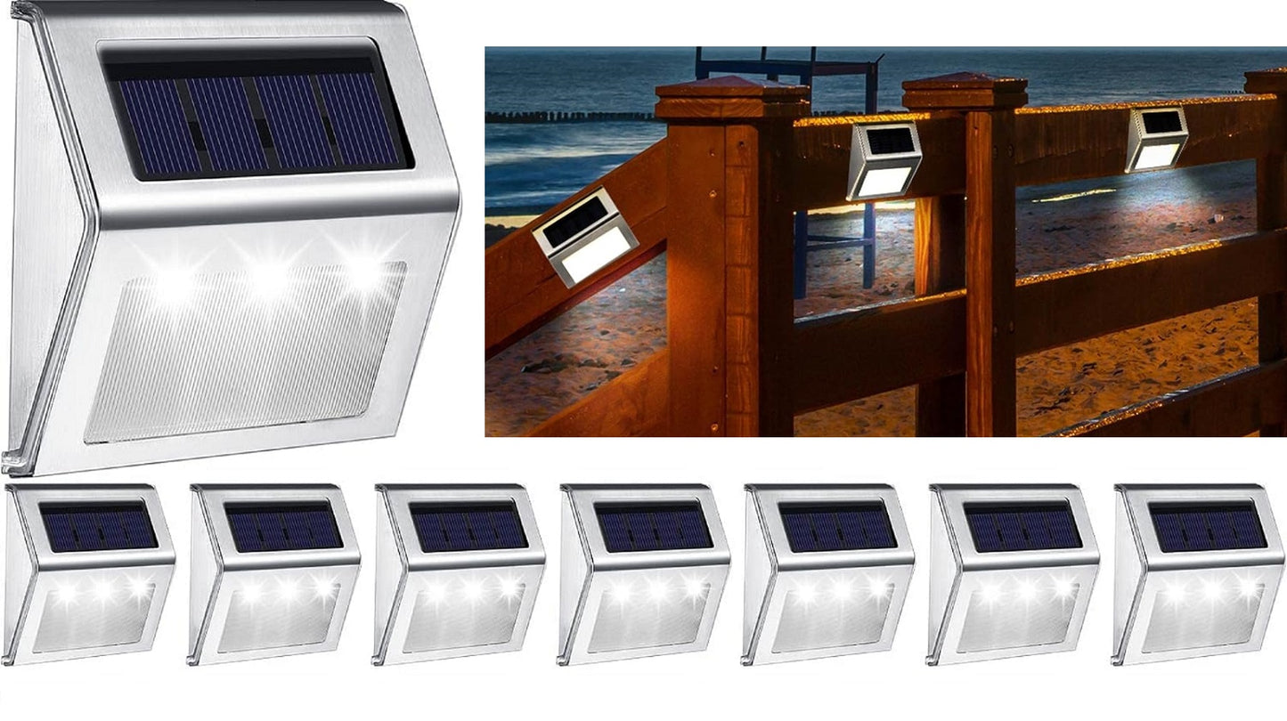 8 Pack Stainless Steel Solar Lights – For Stairs, Pathways and Decks – Cool White