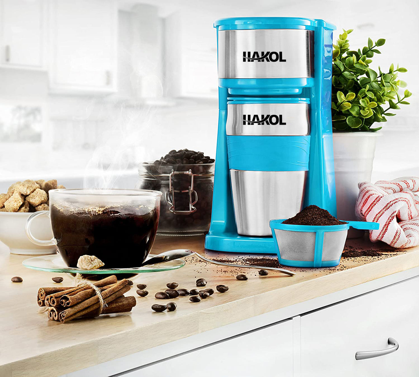 Assorted Hakol Mini Travel Single Serve Coffee Maker & 15 oz. Travel Mug Coffee Tumble